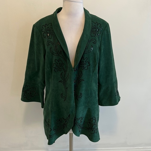 Bob Mackie Green Faux Suede Sequined Bell Sleeve Jacket - Picture 1 of 8